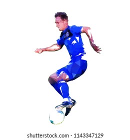 Football player in blue jersey running with ball, abstract low poly vector drawing. Soccer player. Isolated geometric colorful illustration, side view