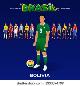 Football player of Bolivia and other national team players in the form of national teams. Championship Conmeball Copa America 2019 in Brazil. Vector illustration in flat style.