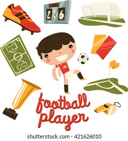 football player boy. football equipment set. cute cartoon asian style character. flat vector.