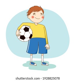 Football Player boy holds a soccer ball in his hands.