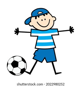 Football player, boy and soccer ball, vector illustration, blue dress