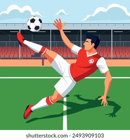 Football player bycicle kick in the pitch