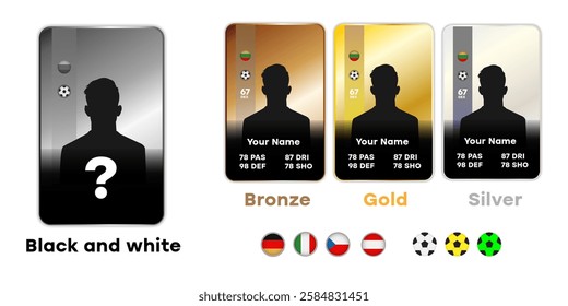 football player card with countries Custom football player card template silver gold Digital sports card design mockup for gaming and fantasy football