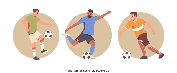 Football player cartoon characters with ball icon portrait in round frame composition isolated set