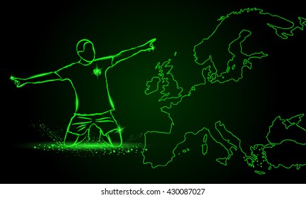 Football player celebrates victory. Vector Euro football neon illustration with a map of Europe on the background.