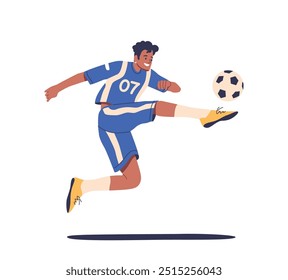 Personagem De Jogador De Futebol Em Um Uniforme Azul E Branco Executa Pose De Chute Dinâmico No Meio Do Ar, Mostrando Habilidade E Agilidade