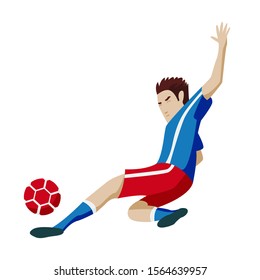 Football player character showing actions. Cheerful soccer player running, kicking the ball, jumping. Simple style vector illustration.