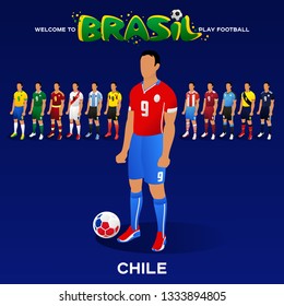 Football player of Chilie and other national team players in the form of national teams. Championship Conmeball Copa America 2019 in Brazil. Vector illustration in flat style.