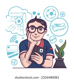 Football player chooses sportswear, shoes and equipment. Cartoon character holding smartphone and buying sport product. Buyer ordering goods via smartphone. Flat vector illustration