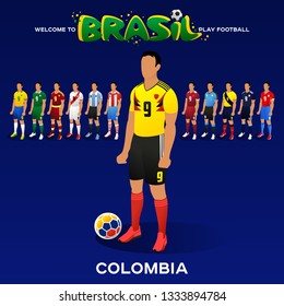 Football player of Colombia and other national team players in the form of national teams. Championship Conmeball Copa America 2019 in Brazil. Vector illustration in flat style.