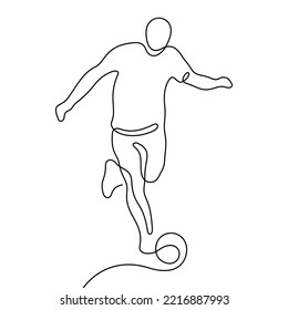 Football player continuous line illustration. Editable stroke soccer drawing.