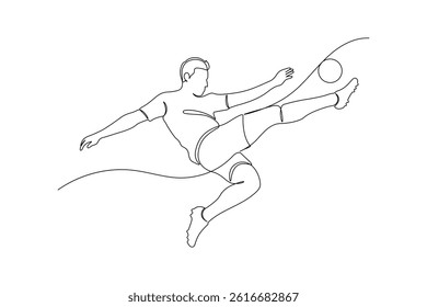 Football player continuous single line drawing, football player jump and fly to kicking ball, linear style, isolated on a white background