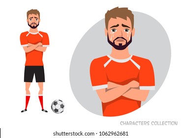 The football player crossed his arms and cries. Mans tears and depression. The emotion of disappointment and sadness at the soccer player face. The male was crying