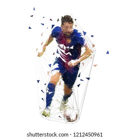 Football player in dark blue jersey running with ball, abstract low poly vector drawing. Running soccer player. Isolated geometric colorful illustration, front view