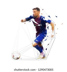 Football player in dark blue jersey running with ball, abstract low poly vector drawing. Soccer, team sport. Isolated geometric colorful illustration, side view