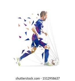 Football player in dark blue jersey running with ball, abstract low poly vector drawing. Soccer player kicking ball. Isolated geometric colorful illustration, side view