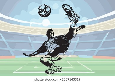 Football player, determined young man, football player in motions during the game, training, hitting the ball and falling down, professional football player kicking ball in a jump sketch, illustration