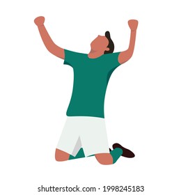 A football player doing goal celebration. A man kneeling, lifting both of his hands, and looking up. Sports illustrations.