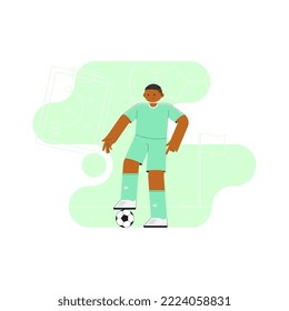 Un futbolista tira la pelota. Ilustración plana.