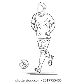 a football player dribbling the ball in black and white line art illustration