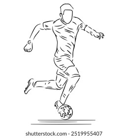 a football player dribbling the ball in black and white line art illustration