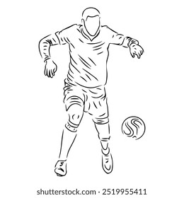 a football player dribbling the ball in black and white line art illustration