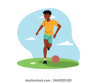 A football player dribbling a ball. Simple flat illustration for sport and leisure design vector. Active people for healthy life concept.