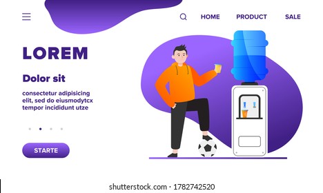 Football player drinking water at cooler. Male athlete, soccer, sportsman flat vector illustration. Beverage, refreshment, watercooler concept for banner, website design or landing web page
