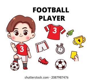 Football player equipment sport character ball element concept cartoon hand drawn cartoon art illustration