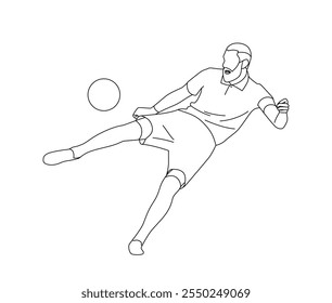 Jogador de futebol Primeira vez atirando em Line Vetor. Ilustração vetorial do jogador de futebol Volley Shoot. Capitão Atirando na caricatura da arte da linha da bola