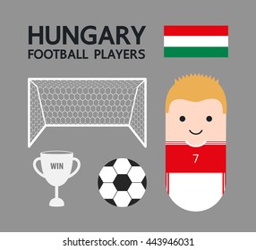Football player and flag of Hungary. Red Uniform.