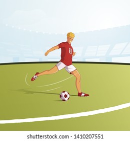 Football player flat vector illustration. Footballer kicking ball on pitch cartoon character. Football stadium background. Smiling soccer player in red and white uniform plays on field