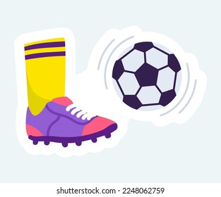 Football player foot kicking soccer ball. Sports and competition. Vector illustration in cartoon sticker design