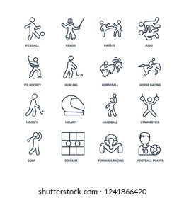 Football player, formula racing, Go game, Golf, Gymnastics, kickball, Ice hockey, Hockey, horseball outline vector icons from 16 set