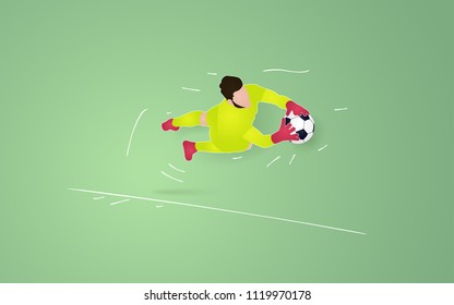 football player, goalkeeper catch ball. soccer paper cut design style.