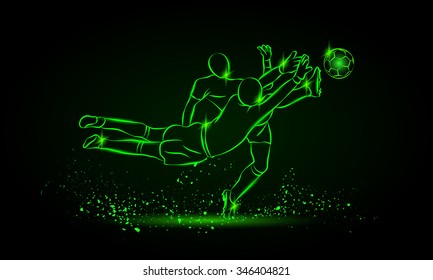 Football player and goalkeeper fighting for the ball. Neon style sport illustration.