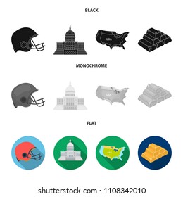 Football player helmet, capitol, territory map, gold and foreign exchange. USA Acountry set collection icons in black, flat, monochrome style vector symbol stock illustration web.