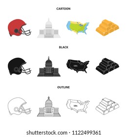Football player helmet, capitol, territory map, gold and foreign exchange. USA Acountry set collection icons in cartoon,black,outline style vector symbol stock illustration web.
