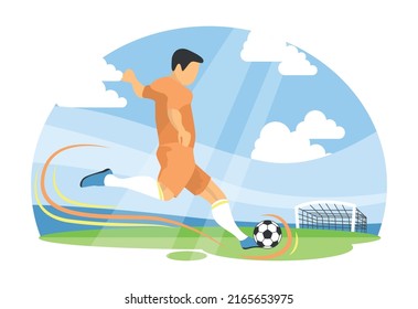 El futbolista golpea la pelota. Ilustración vectorial coloreada.