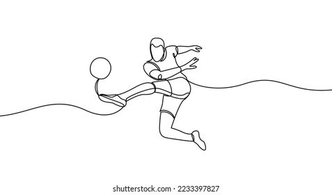 El futbolista golpea la pelota. Fútbol. Dibujo continuo de líneas. Esbozo lineal negro minimalista sobre un fondo blanco. Ilustración del vector