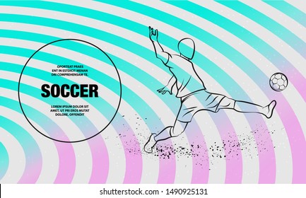 Football Player Hits The Ball On A Striped Background. Soccer Striker. Vector Outline Of Soccer Player Sport Illustration.