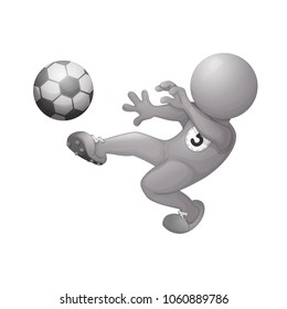 A football player is hits the ball, scores a goal.. A imitation three d person without face. A steel silver man. Vector illustration. Character isolated