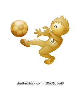 A football player is hits the ball, scores a goal.. A imitation three d person. A steel gold man. Vector illustration. Character isolated