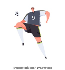 Football player hitting ball with knee. Man in uniform playing soccer. Professional footballer in motion during game or training. Flat vector illustration of athlete isolated on white background