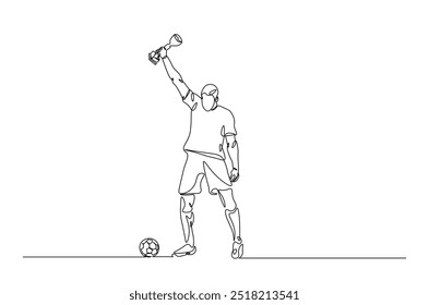 Football player holding ball and trophy continuous one line drawing. Football player with trophy in single line art illustration. Editable vector.  