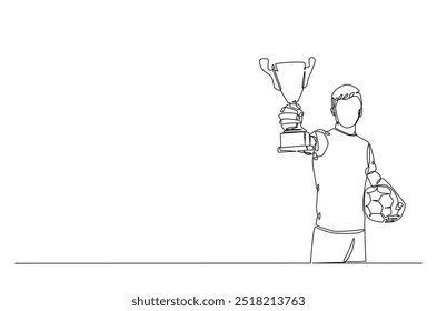 Football player holding ball and trophy continuous one line drawing. Football player with trophy in single line art illustration. Editable vector.  