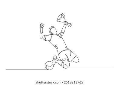 Jogador de futebol segurando bola e troféu contínuo um desenho de linha. Jogador de futebol com troféu em ilustração de arte de linha única. Vetor editável.  