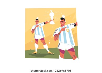 Football player holding a trophy of champion. Athlete on stadium field with trophy, vector illustration.