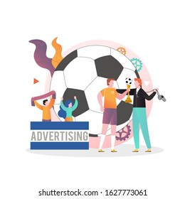 Football player holding winner trophy cup and his trainer with whistle, vector illustration. Football game championship concept for web banner, website page etc.