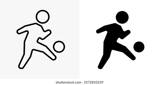 Football player icon. Soccer player stick figure silhouette vector illustration. Man playing with ball action game symbol. Person kick the ball sign. Goal pictogram. Football or soccer league concept.